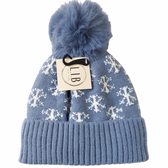 New Beanie Hat Womens Blue Knitted Hat Winter Beanie Warm Lined Pom - Picture 1 of 10